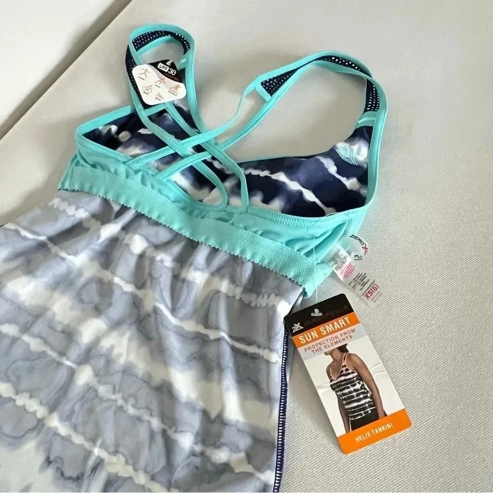 Zeroxposur Cross Back Strap Tankini Swimsuit Navy Blue Tie-Dye Size XS (6)